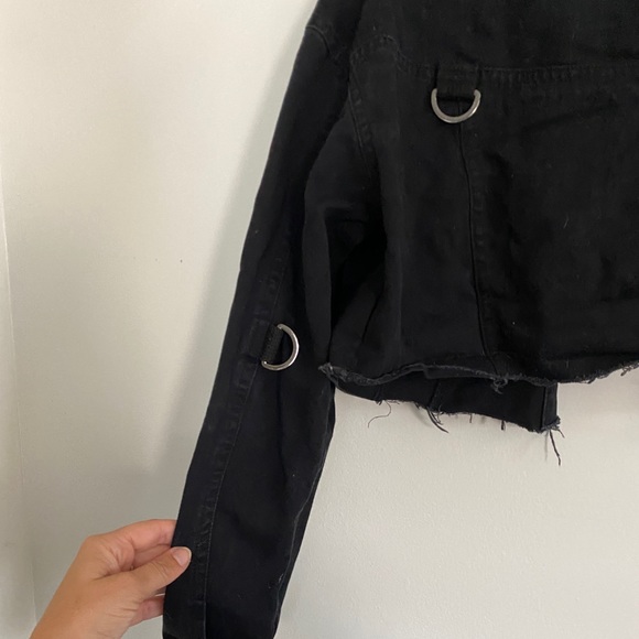 LF The Brand Crop Raw Hem Black Denim Jacket Punk size X-Small - Picture 10 of 11